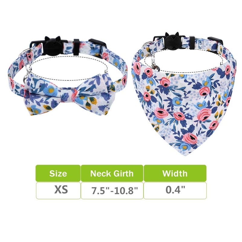 chede 2/1 Pack Cat Collar Breakaway with Bell Bowtie，Classic Design,Adjustable Safety Kitty Kitten Collars(7.5"-10.8") Blue flower Collar+Bandana - PawsPlanet Australia