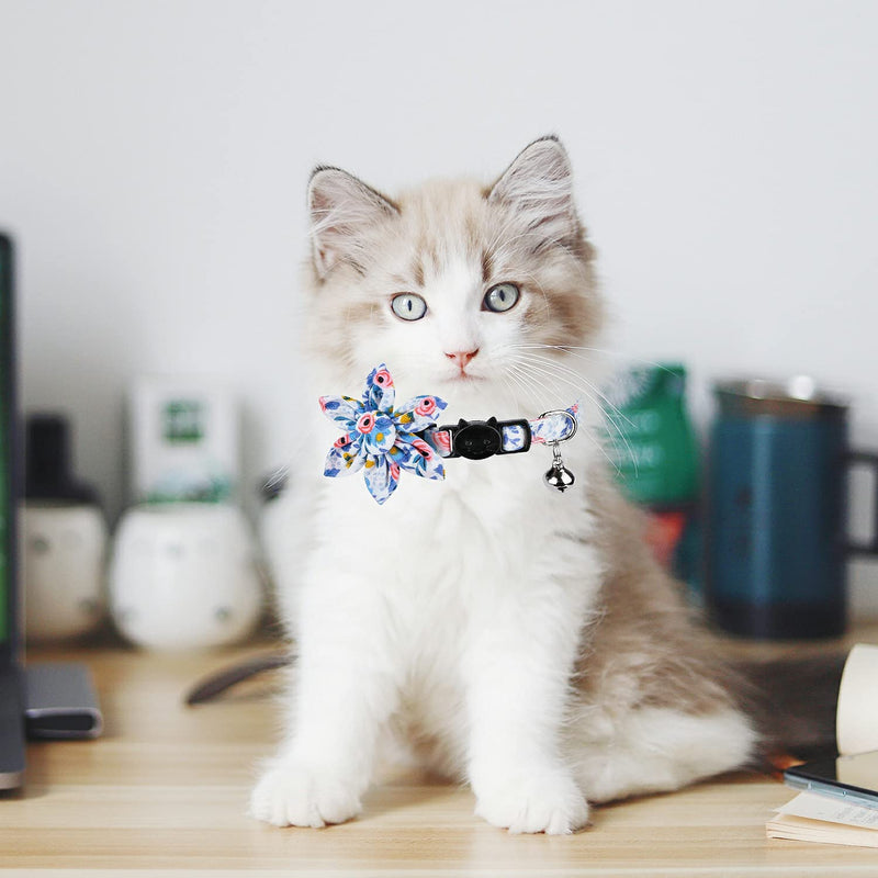 Pet Cat Safety Collar, Breakaway Cat Collar with Bells, Adjustable Cat Collars with Sunflower, Cute and Soft Cat Collars, Cat Collar Accessories for Cat and Small Animals Pets, Blueflower - PawsPlanet Australia