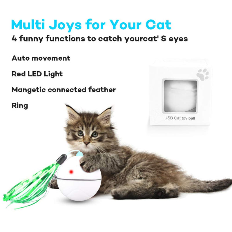 [Australia] - Chriffer Interactive Cat Toy Ball with Colorful Feather Smart Pet Toy Self Rotation Rolling Ball USB Rechargeable Built-in LED Light for Cat Kitty Exercise Chase Play White 