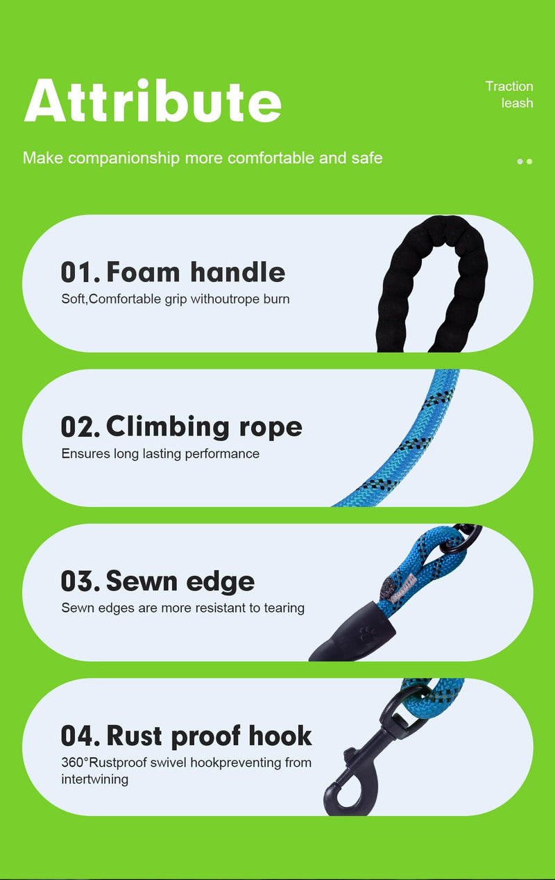 GLORYPET Dog Leash Heavy Duty, 5FT/6 FT Dog Leashes for Small Puppy Medium Large Breed Dogs with Comfortable Handle, Reflective Rope Pet Leash for Night Safety Walking (5 FT- 1/2", Green) - PawsPlanet Australia