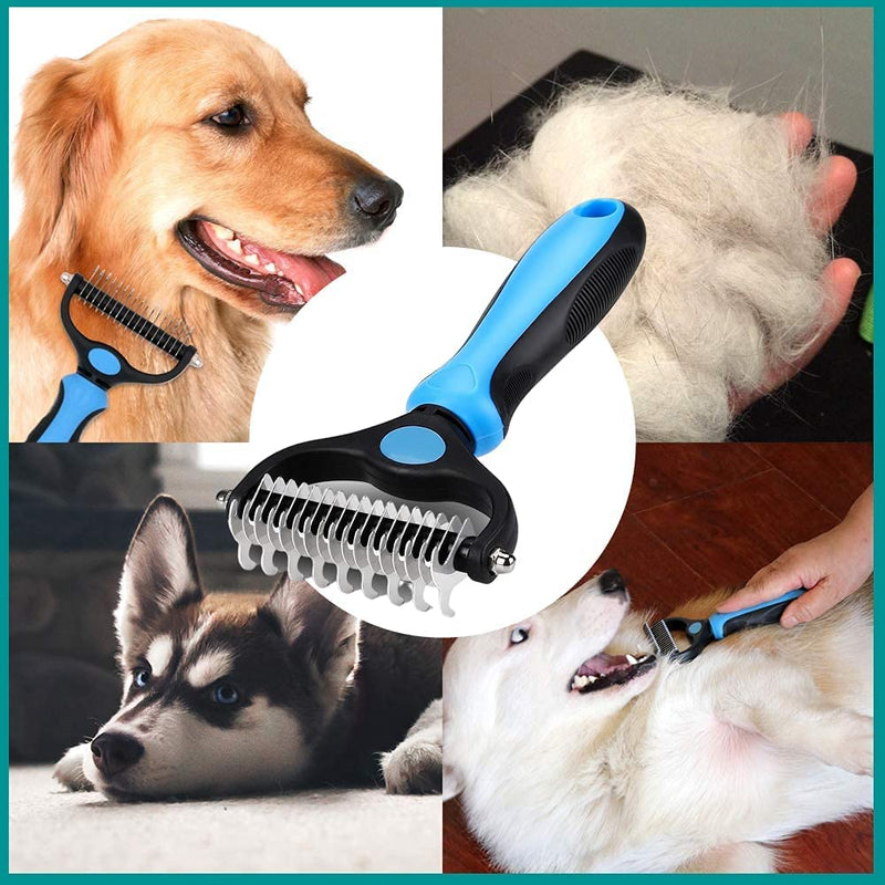 Dog Brush Cat Brush, 2 Sided Undercoat Rake for Cats and Dogs, Safe Hair Removal Comb for Easily Removing Mats and Tangles Blue - PawsPlanet Australia