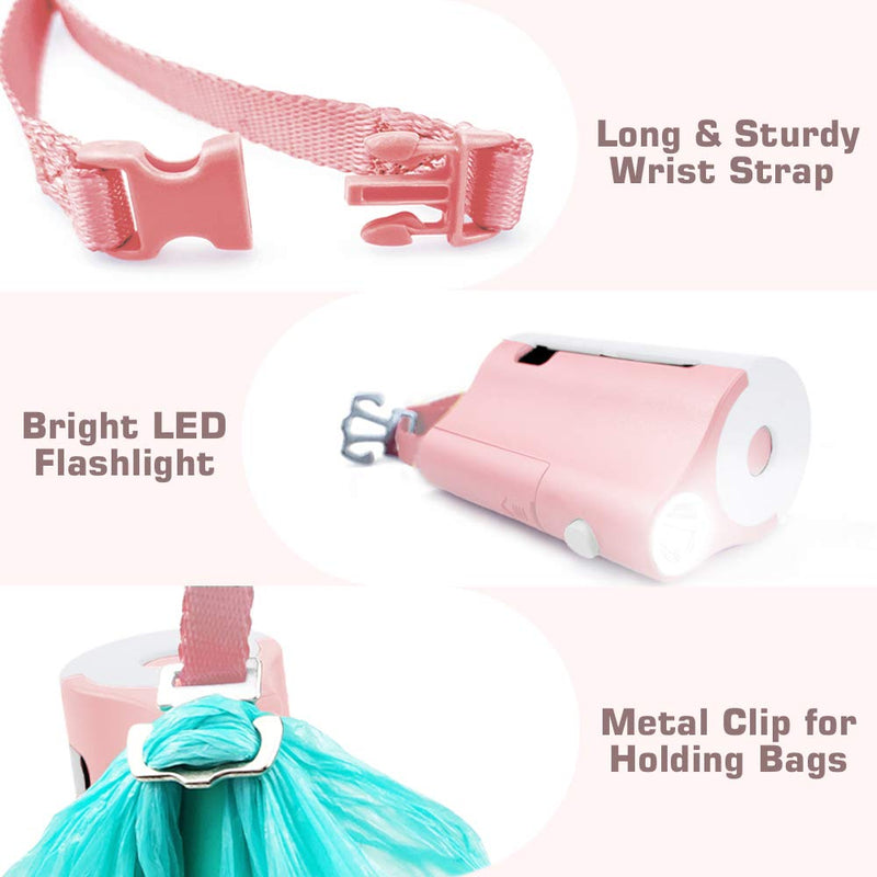 Dog Poo Bag Holder with Long-Lasting Torch for Lead, 3-in-1 Hands-Free Pet Poo Bag Dispenser and Clip for Filled Bags, Must-Have Lead Accessories Includes 1 Roll of 15 Dog Waste Bags, Pink White Pinkwhite - PawsPlanet Australia