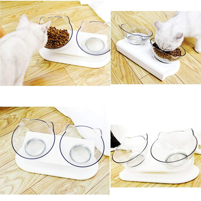 JZK Plastic transparent double cat bowls set with raised stand, detachable food water feeding bowls twin for cat and kitten - PawsPlanet Australia