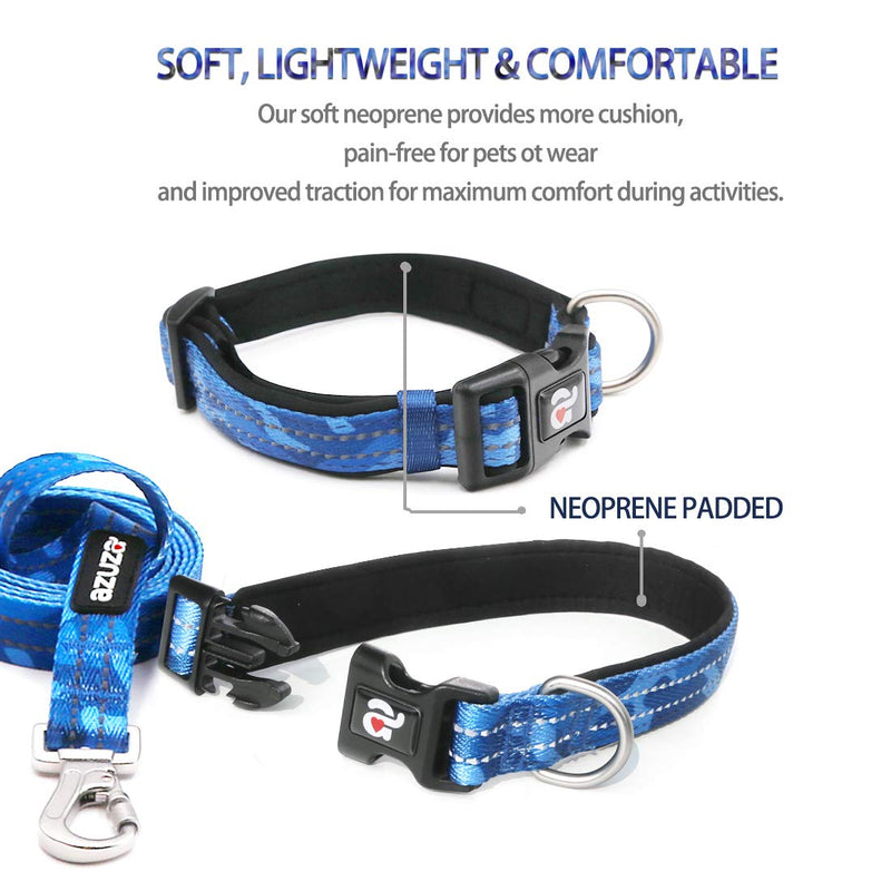 [Australia] - azuza Reflective Dog Collar and Leash Set, Blue Camo Padded Collar with Matching Clip Handle Leash for Small Medium and Large Dogs S (Neck: 11"-16") 