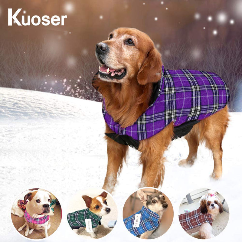 Kuoser Cozy Waterproof Windproof Reversible British Style Plaid Dog Vest Winter Coat Warm Dog Apparel for Cold Weather Dog Jacket for Small Medium Large Dogs with Furry Collar (XS - 3XL) XS(Chest:11.8-14.6", Body: 9.8") Purple - PawsPlanet Australia