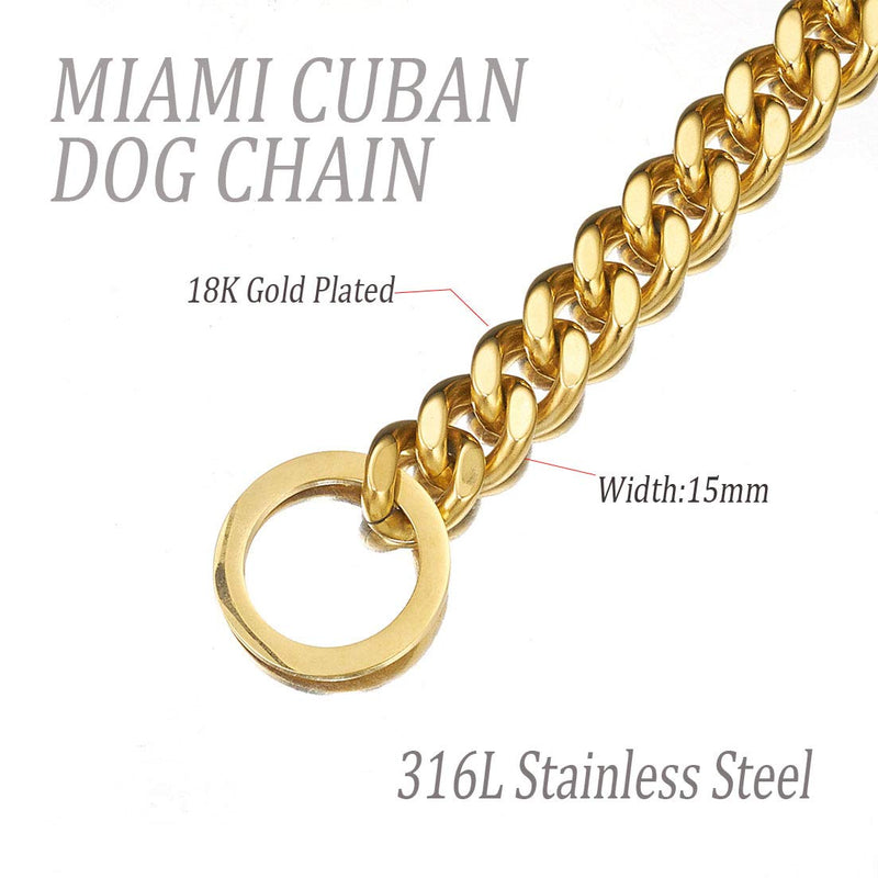 ZZOHAA Gold Pet Dog Collar Necklace,Heavy Duty Cuban Dog Chain for Large Dogs,Strong Stainless Steel Metal Links Slip Chain Collar 16inch(Fit 12"-14" Dog's Neck) - PawsPlanet Australia