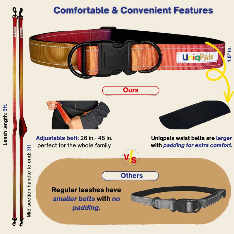 Uniqpals Hands Free Dog Leash for Medium to Large Dogs | 5 Feet Dog Leash for Walking, Running, Hiking with Heavy Duty Adjustable Waist Belt, Padded Handles, Reflective Stitching, and Carrying Bag Blue/Yellow - PawsPlanet Australia