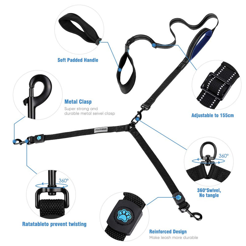 Double Dog Leash - YOUTHINK Adjustable Dog Walking Leash for 2 Dogs Reflective Control with Comfort Grip Dual Padded Handles Perfect for Walking Running Hiking black and blue - PawsPlanet Australia
