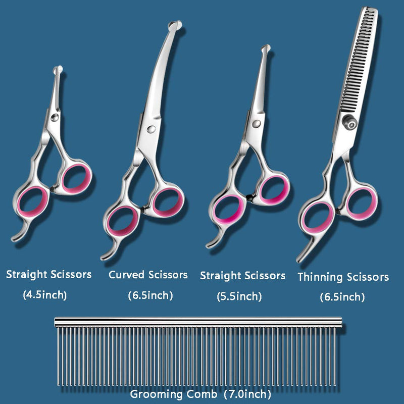 Dog Grooming Scissors 6PCS, Stainless Steel with Safety Round Tip Thinning Straight Curved Shears and Combing Kit for Cat Pet - PawsPlanet Australia