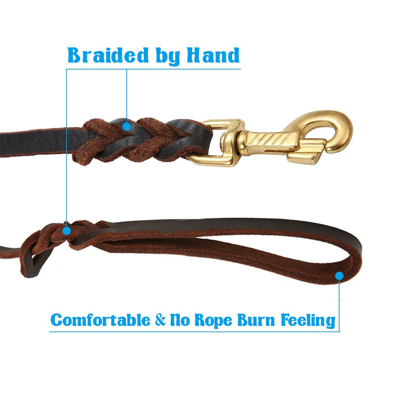 FOCUSPET Leather Dog Leash 6 ft Leather Dog Training Leash Pet Braided Dog Leash for Large Medium Leads Rope Dogs Walking&Training (1/2 Inch,Brown) - PawsPlanet Australia