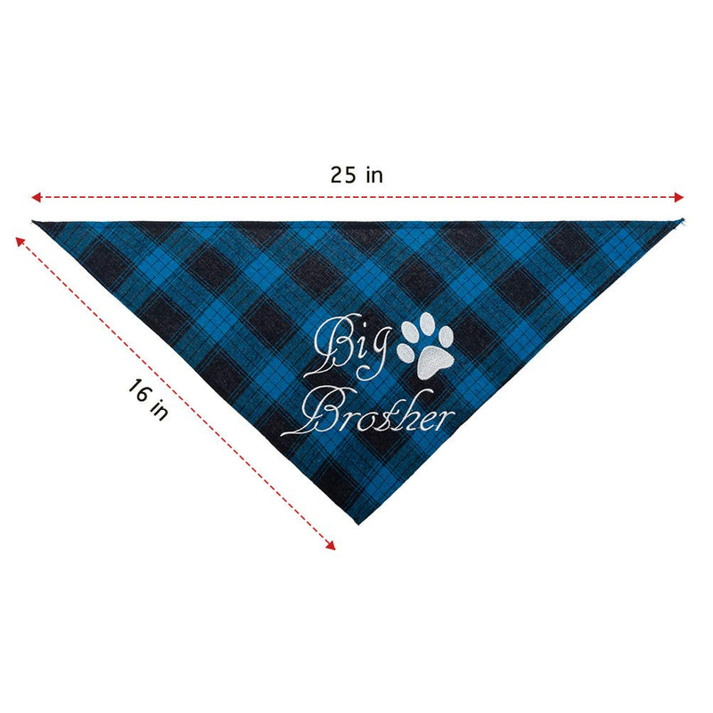 EXPAWLORER Plaid Dog Bandana Scarf - 2 Pcs Embroidery of Big Brother Washable Cotton Triangle Accessories for Small Medium Large Dogs Puppies Pets, Blue and Grey - PawsPlanet Australia