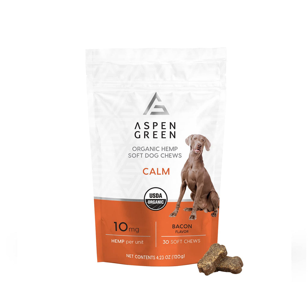 Aspen Green's USDA Certified Organic Hemp Soft Dog Chews Organic Bacon Flavor (10mg Organic Hemp per 4g Soft Dog Chew/30 Soft Dog Chews Per 4.23 oz (120 Gram Bag) - PawsPlanet Australia