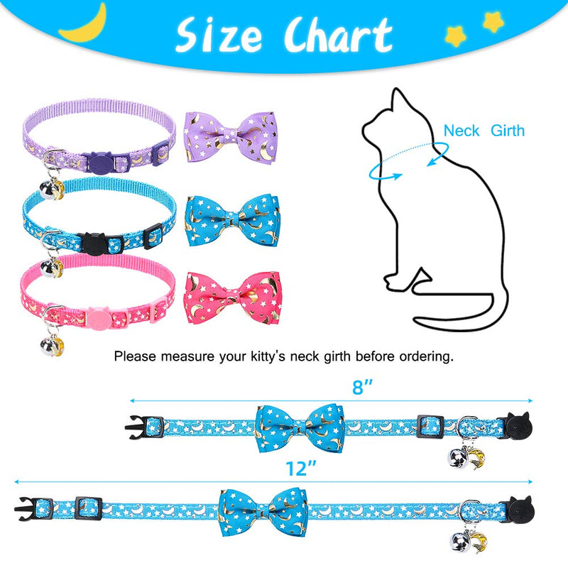 BINGPET Breakaway Cat Collar with Bell 3 Pack, Adjustable Luminous Kitten Collar with Star & Moon Patterns, Removable Bow Tie, Glow in The Dark Purple - PawsPlanet Australia