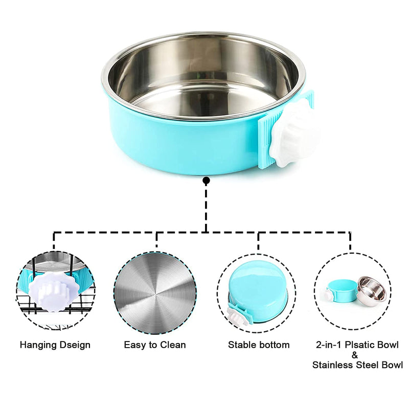 HERCOCCI 2 Pack Crate Dog Bowl, Removable Stainless Steel Pet Cage Hanging Food Bowls and Water Feeder Coop Cup with Cleaning Set (Broom and Dustpan) for Puppy, Medium Dog, Cat, Rabbit, Ferret - PawsPlanet Australia