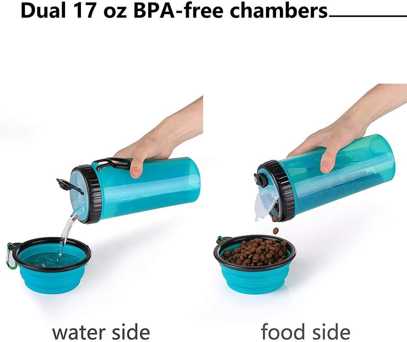 VANDA Pet Travel Water Bottle- Portable Drinking Bottle Feeder Dispenser and Food Container for Travel 2-in-1 Dual Chamber Bottle, with 2 Collapsible Bowls Dogs Cats Feeder Outdoor Travel Take a Walk Blue - PawsPlanet Australia