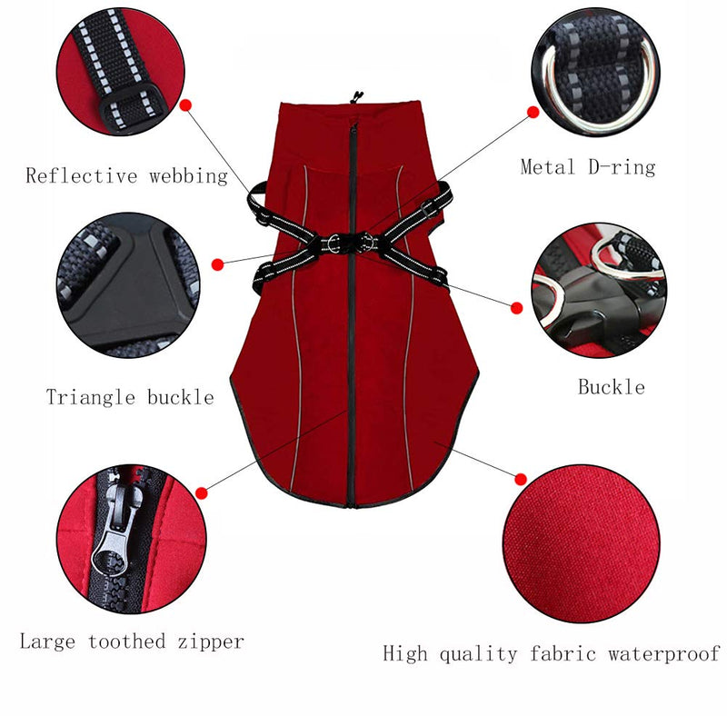 Dog Jacket with Harness, Windproof Dog Vest with Reflective Strips for Medium Large Dogs, Warm and Cozy Dog Sport Vest, Dog Winter Coat, Warm Dog Apparel with High Collar - Red - Large - PawsPlanet Australia