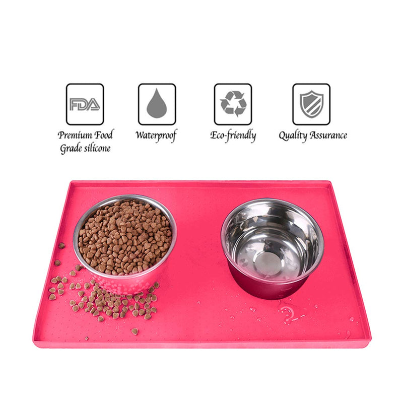 Hubulk Dog Food Mat L (19"x12") XL (24"x16") XXL (32X24) Raised Edge Silicone Non Slip Dishwasher Waterproof Pet Feeding Mat Bowl Placemat Large to Stop Food Spills and Water Bowl Messes on Floor L（19" x 12" x 0.5"） Pink - PawsPlanet Australia