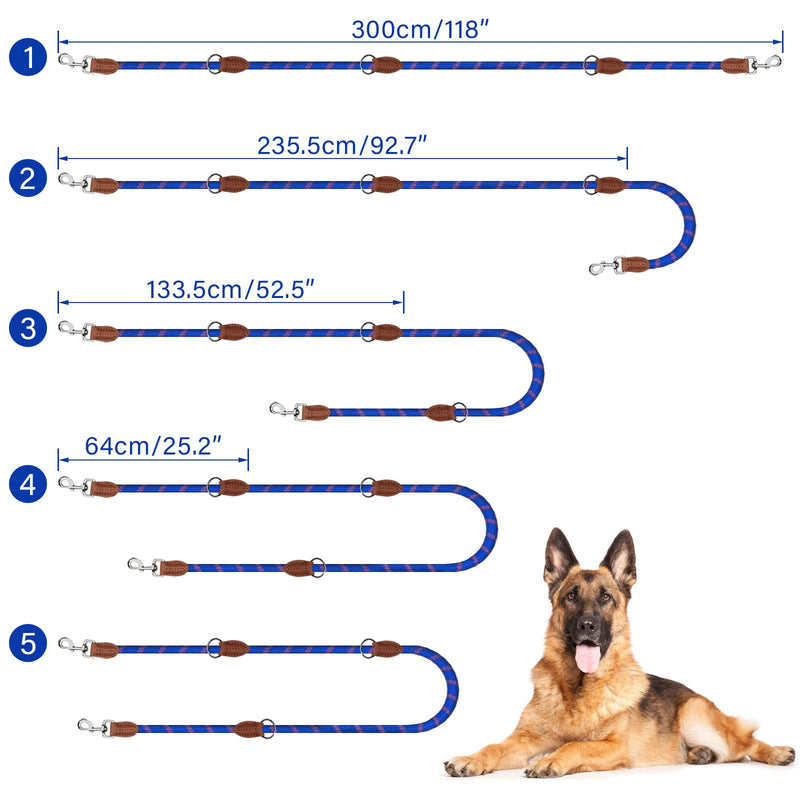 Bebochoi Dog Lead Large Dogs Double Lead Reflective 3 m Adjustable 1.3 cm Thick Braided Lead Dog with Carabiner Bite-Resistant for Medium and Large Dogs of All Sizes, Blue C - PawsPlanet Australia