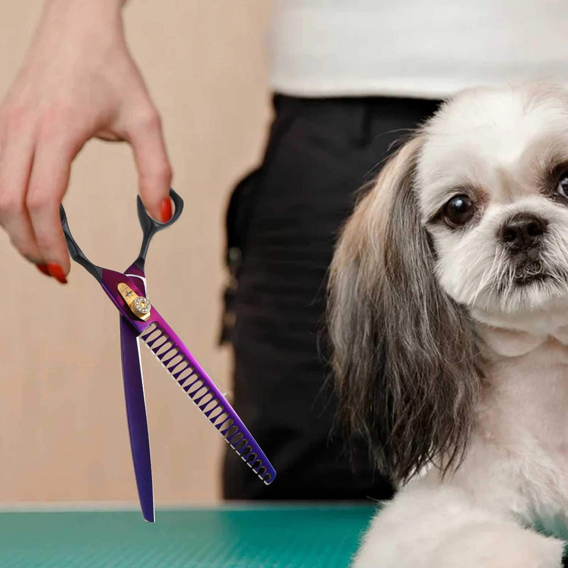 PURPLEBIRD 8 Inch Dog Grooming Scissors Professional Straight, Downward Curved Pet Cutting, Thinning Texturizing, Chunker Shears Safety Trimming Shearing for Dogs Cats Japanese Stainless Steel Purple 8 Inch Chunker - PawsPlanet Australia