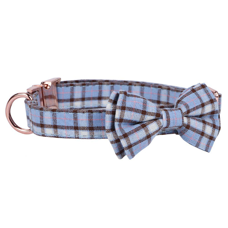 [Australia] - Faleela Dog Collar with Bow, Cotton & Webbing，Classic Plaid, Adjustable Dog Collars for Small Medium Large Dogs S Blue 