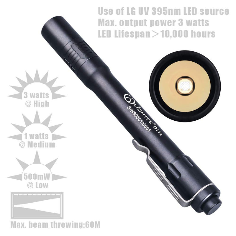 LIGHTFE UV Torch D11A 395nm UV Black Light UV Flashlight with LG UV LED Source, Max.3000mW high Power for UV Glue Curing, Rocks and Mineral Glowing, Pet Urine Detector, AC Leak Detector (D11A) - PawsPlanet Australia