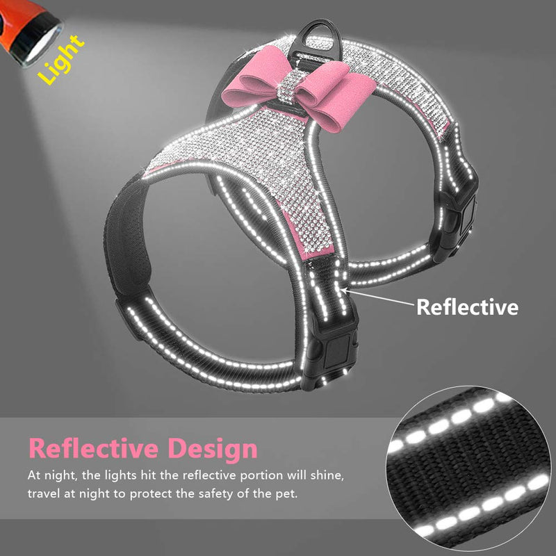 [Australia] - Beirui Rhinestone Dog Harness - No Pull Reflective Bling Nylon Dog Vest with Sparkly Bow Tie for Small Medium Large Dogs Walking Party Wedding,Black,Pink,S,M,L S:Neck 11.5",Chest 13" Pink 