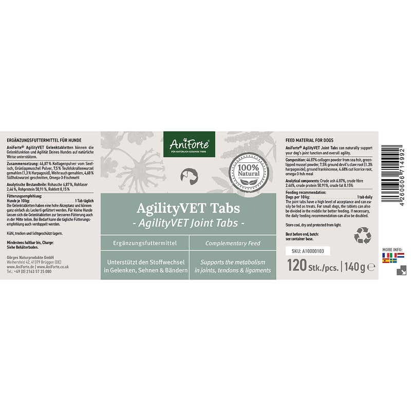 AniForte Joint Tablets Dog AgilityVet Pack of 120 - Natural & Grain-Free, Promotes Mobility & Movement, Joint Tablets for Dogs with Green Lipped Mussel, Collagen, Omega 3 & Devil's Claw 120 Pieces (Pack of 1) - PawsPlanet Australia