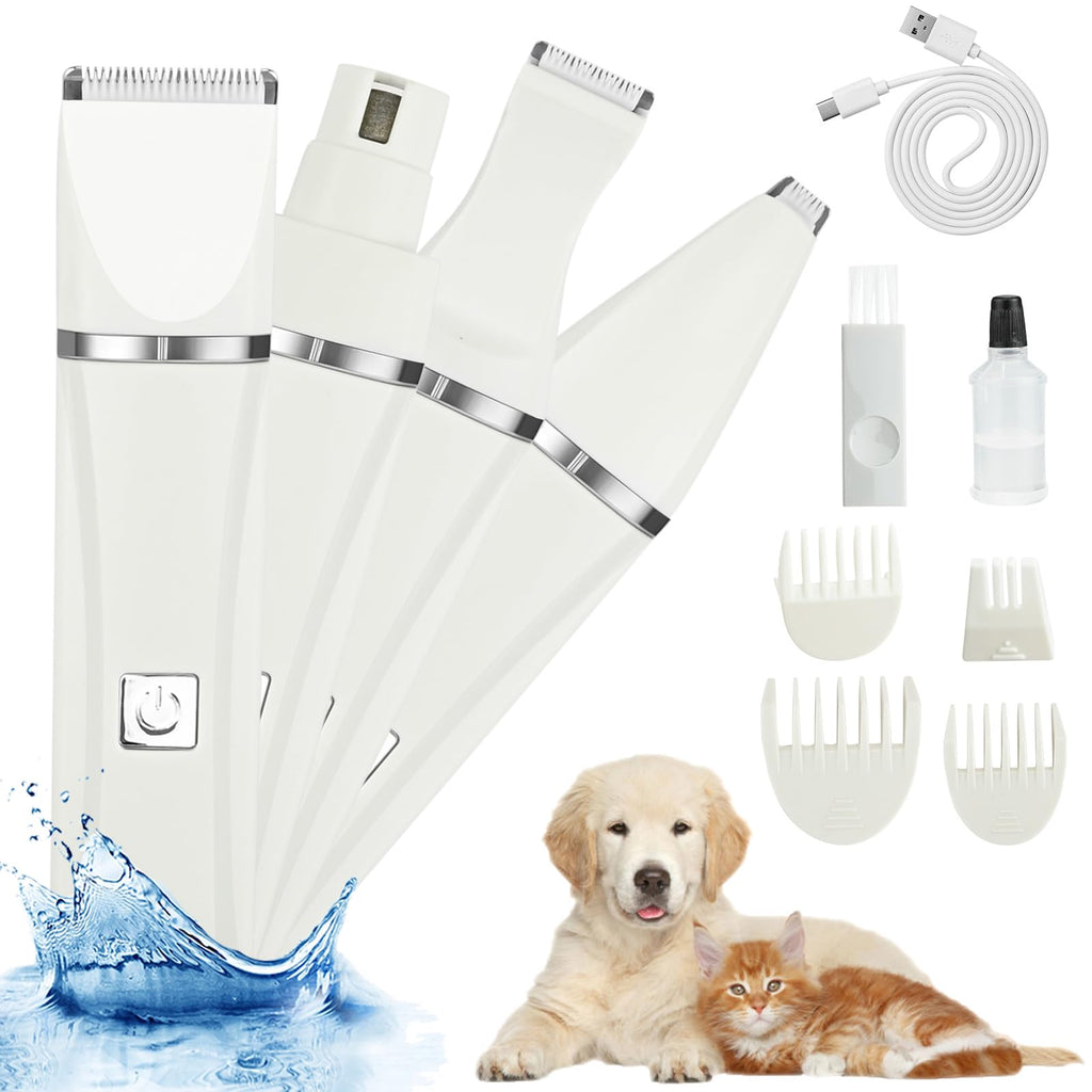 4 in 1 quiet dog clipper, rechargeable pet hair trimmer, IPX7 waterproof dog hair clipper with 4 size trimmer head, professional hair clipper care set for all pets - PawsPlanet Australia