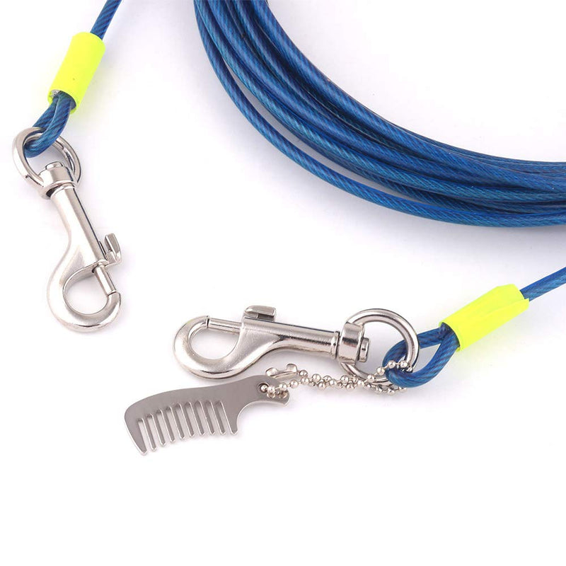 Dogs Tie Out Cable - Braided Steel Dog Runner Cable Reflective Clamp Dog Tie for Camping Garden Outside Dog Lead with Hook and Small Comb Button 1pcs(Blue, 25Feet) Blue - PawsPlanet Australia