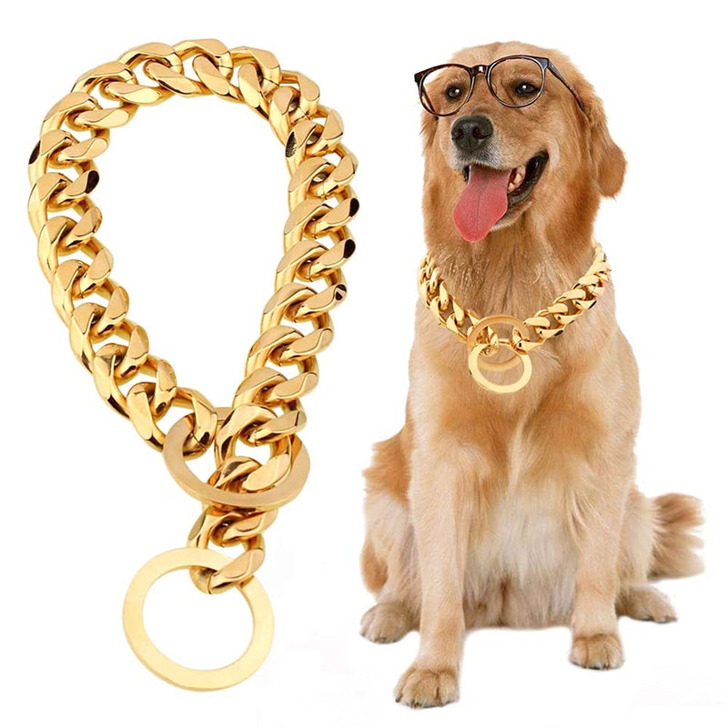 HXNINE Dog Cuban Chain Neck Link Stainless Steel Collar Necklace Choker for Bulldog Rottweiler Thick Golden Chain 15mm Width, 20 inch Length - PawsPlanet Australia