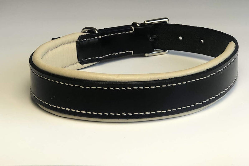 KLASSY K9 SEDGWICK BRIDLE LEATHER PADDED DOG COLLAR IN BLACK WITH CREAM LEATHER PADDING LARGE 19”-23” 48CM-58CM WITH CHROME ACCESSORIES - PawsPlanet Australia