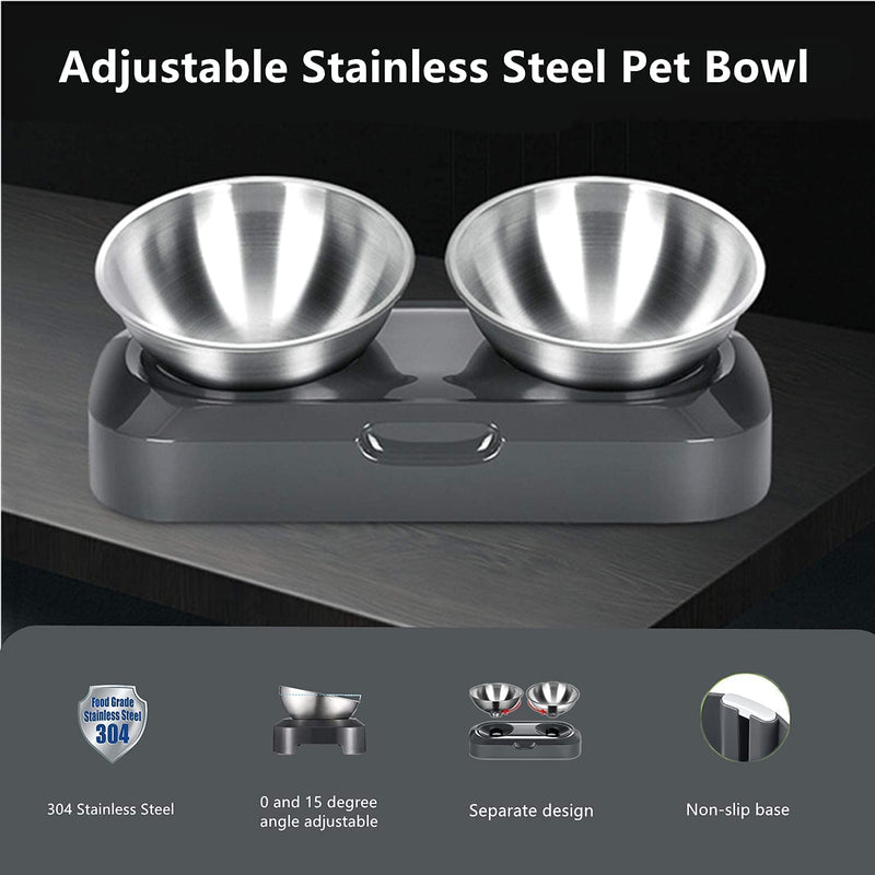 PewinGo Cat Bowl 15° Tilt Neck Protective Bowl Stainless Steel Food Grade Machine Washable Non-Slip Silicone Base for Pets Cats and Puppies Gris - PawsPlanet Australia