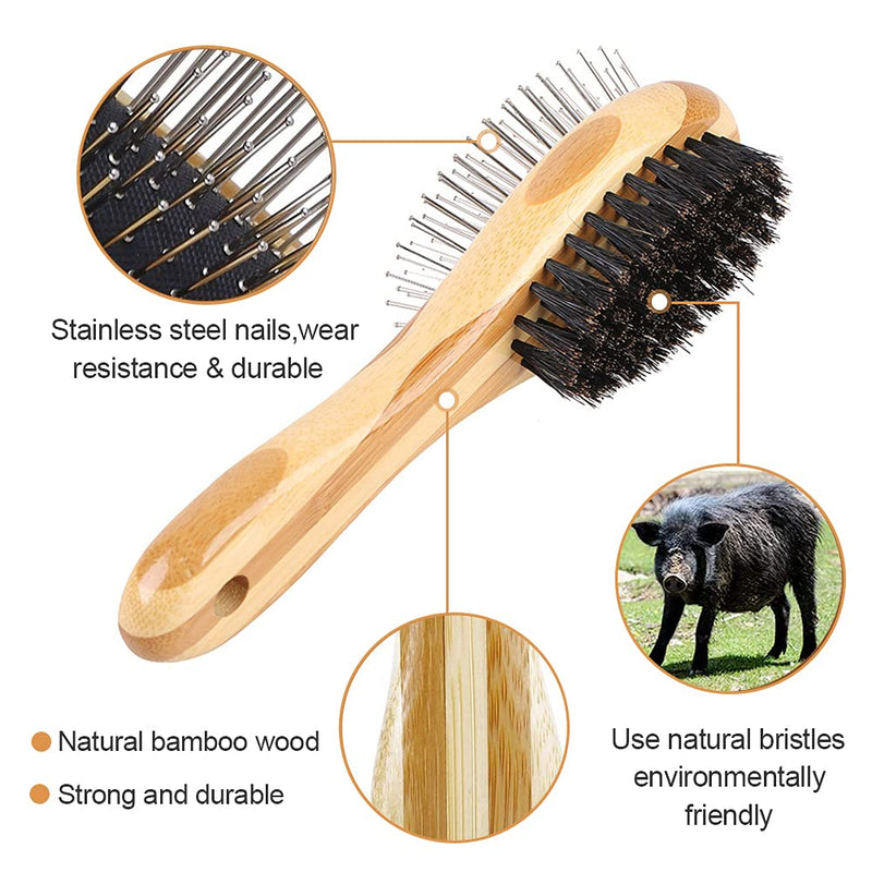 ALHX Cat Brush Dog Brush, 2-in-1 Dog Brush and Bristles, Double Sided Bamboo Pet Brush, Beauty Massage Bath Brush Comb for Dogs Cats - PawsPlanet Australia