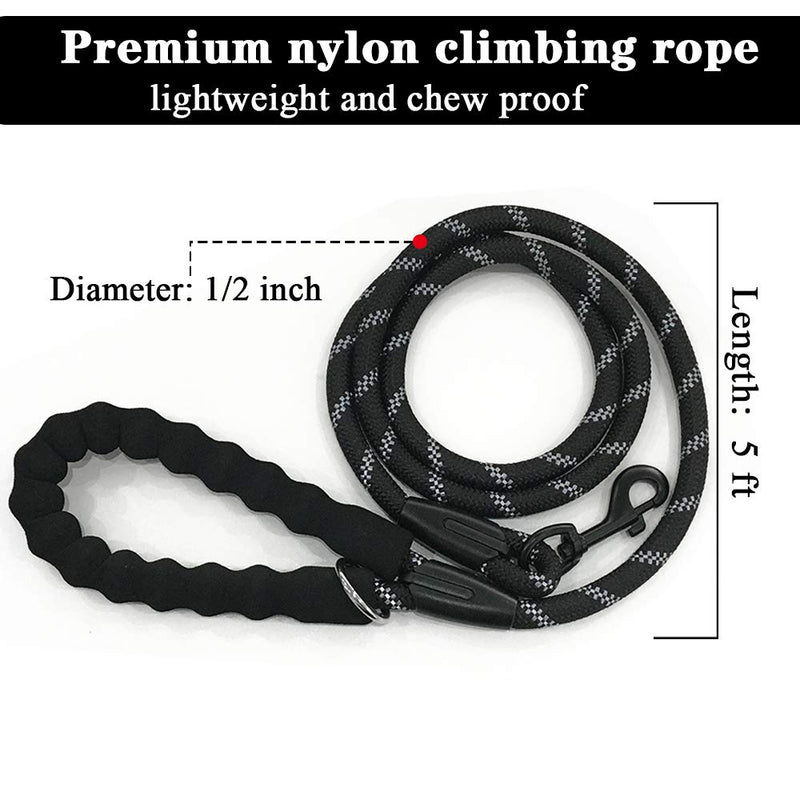 [Australia] - OFHome 5 FT Strong Dog Leash Heavy Duty Rope Leashes for Dogs with Comfortable Foam Handle and Highly Reflective Threads with Metal Clasp for Large Medium or Small Dogs black 