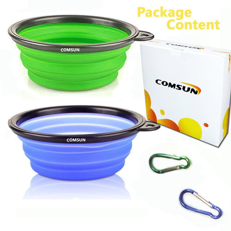 COMSUN Collapsible Dog Bowl, Foldable Expandable Cup Dish for Pet Cat Food Water Feeding Portable Travel Bowl Free Carabiner Green + Blue - PawsPlanet Australia