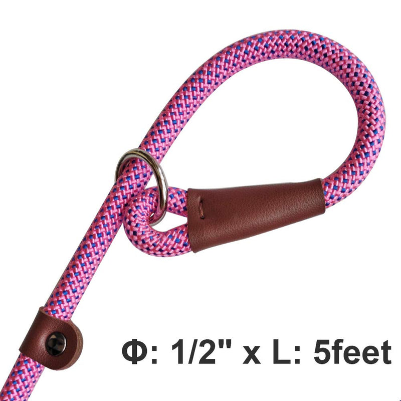 BTINESFUL 5FT Durable Slip Lead Rope Dog Leash, No Pull Nylon Training Leash for Medium Large Dogs, 1/2" X 5', Pink-Blue Dot 5 Foot (Pack of 1) pink blue dot - PawsPlanet Australia