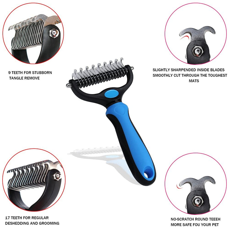 YILUSH Pet Grooming Brush-Professional Dog & Cat Deshedding Dematting Tool Double-Sided Undercoat Rake,Pet Hair Remover for Reducing Tangles and Knots(Blue) Blue - PawsPlanet Australia