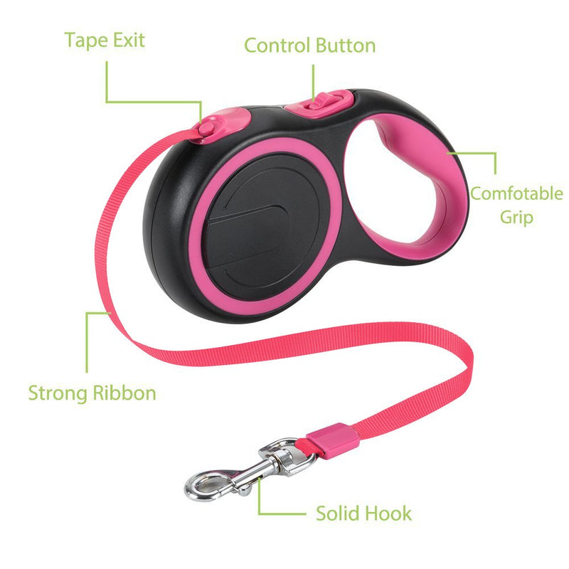 [Australia] - SlowTon Retractable Dog Leash, 16ft Walking Jogging Training Leash Polyester Tape Small Medium Dog up to 44lbs Hand Grip One Button Brake & Lock Black+Pink 