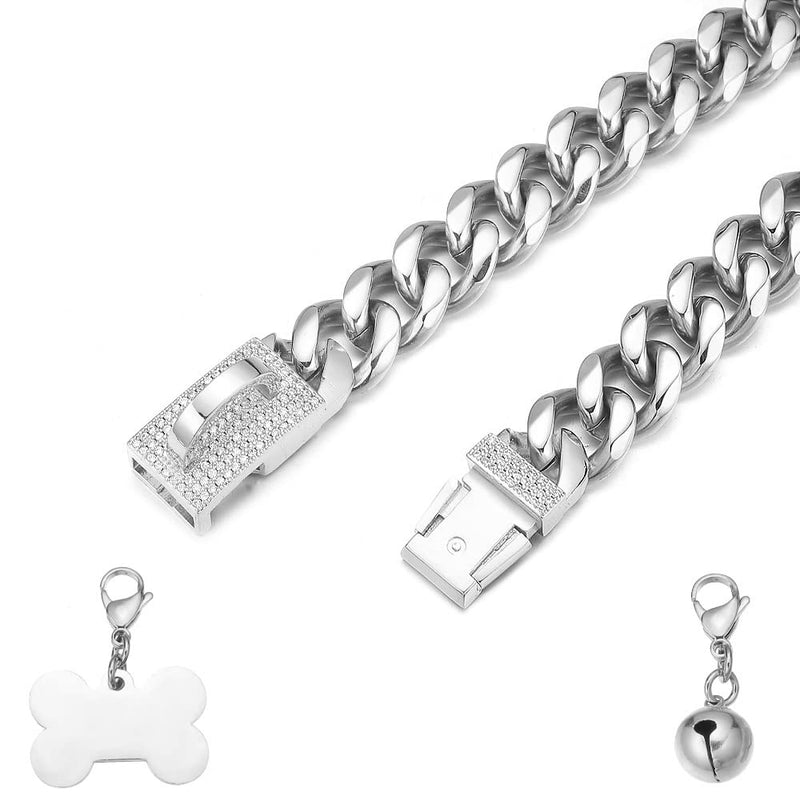 Aiyidi Dog Chain Collars Stainless Steel Silver Metal Chain Width 15mm/19mm with CZ Diamond Design Buckle Bling Dog Collar with ID Tag Dog Bell Waterproof Chewy for Dog Walking Training 10inches (for dog's neck 7~9inches) Silver,15mm wide - PawsPlanet Australia