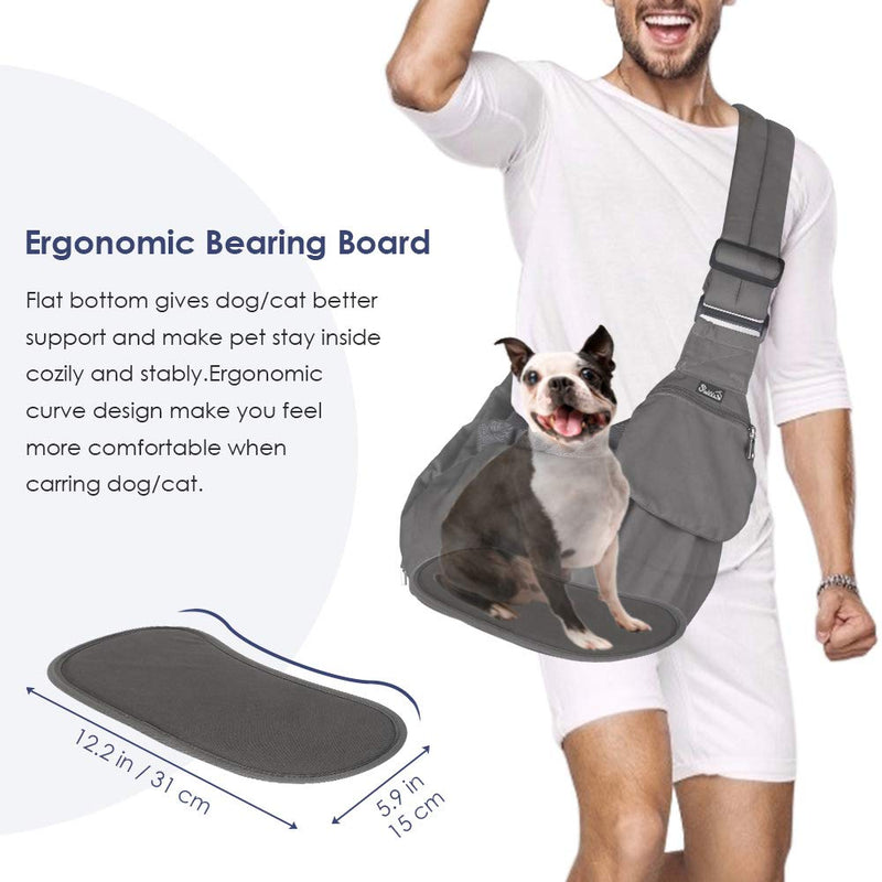 [Australia] - SlowTon Pet Sling Carrier, Comfortable Hard Bottom Support Small Dog Papoose Sling Adjustable Padded Shoulder Strap Hand Free Puppy Cat Carry Bag with Drawstring Opening Zipper Pocket Safety Belt For Pets Up to 9 lbs Grey 