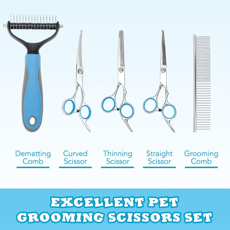 [Australia] - Dog Grooming Scissors with Safety Round Tip - Rake Brush for Dogs - Pet Stainless Steel Grooming Comb, 5 in1 Pet Grooming Kit - Thinning, Straight, Curved Shears for Dogs and Cats 
