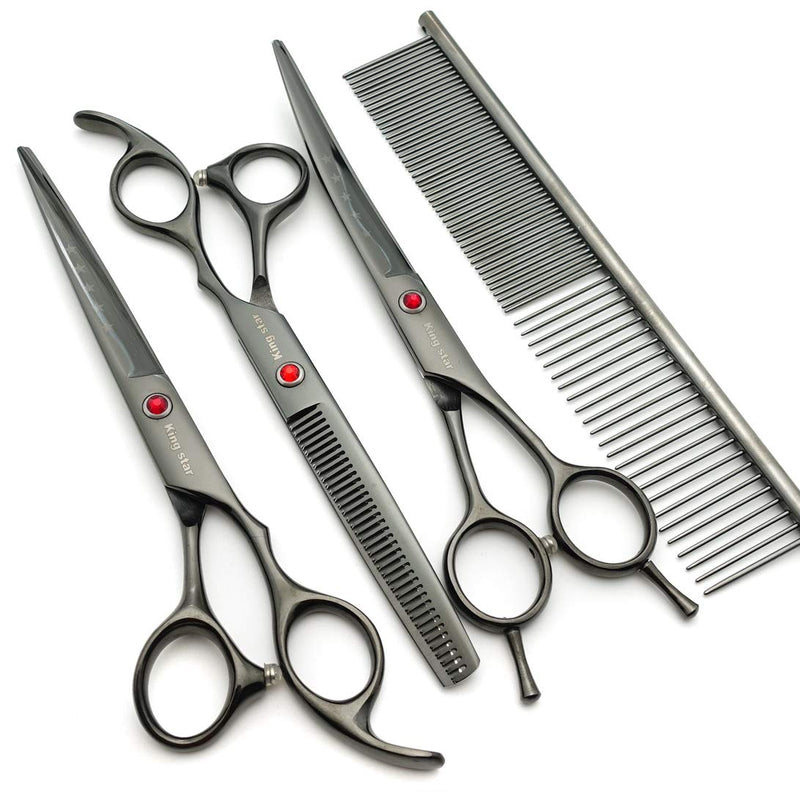 Kingstar Professional Pet Grooming Scissors Set Straight Scissors Thinning Scissors Curved Scissors with Comb case Comb 7 inches 7 inches Titatium-black set - PawsPlanet Australia