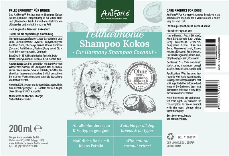 AniForte Fellharmonie dog shampoo with coconut oil & aloe vera 200ml - care shampoo for dogs, vital skin, coat shine, combability, natural ingredients - PawsPlanet Australia