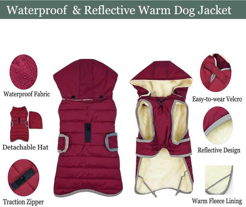 Etechydra Reflective Dog Jacket with Removable Hat, Waterproof Winter Fleece Warm Jacket Dog Coat, Dog Jackets Coat Hoodie Dog Jacket for Small Medium and Large Dogs, Red, XS - PawsPlanet Australia
