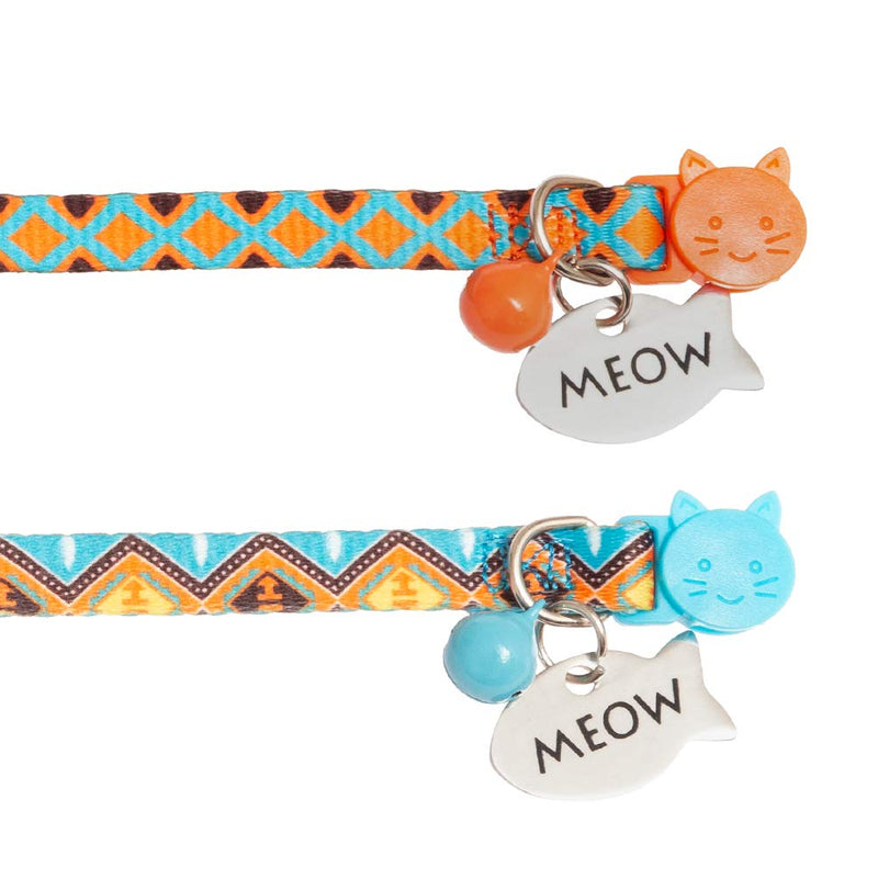 Cat Collar Breakaway with Bell,Safety Adjustable Kitten Collars with Fish Charm,Tribal Pattern，2 Pack - PawsPlanet Australia
