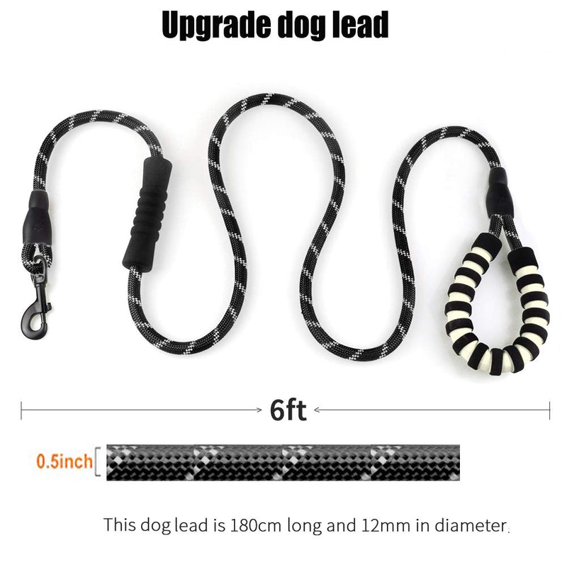 MEKEET Rope Dog Lead, 6 FT Double Soft Padded Handle Dog Leash, Highly Reflective Dog Lead Threads for Puppy and Medium Large Dogs(Black) Black Dog Lead - PawsPlanet Australia