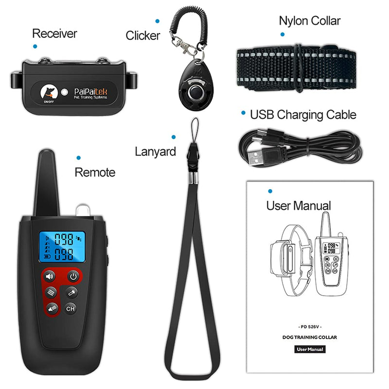 Paipaitek Dog Training Collar No Shock, only Sound and Vibration Dog Training Collar with Remote, 3300ft Range Vibrating Dog Collar with LED Flashlight, No Prongs and No Shock PD526V-1 Black - PawsPlanet Australia