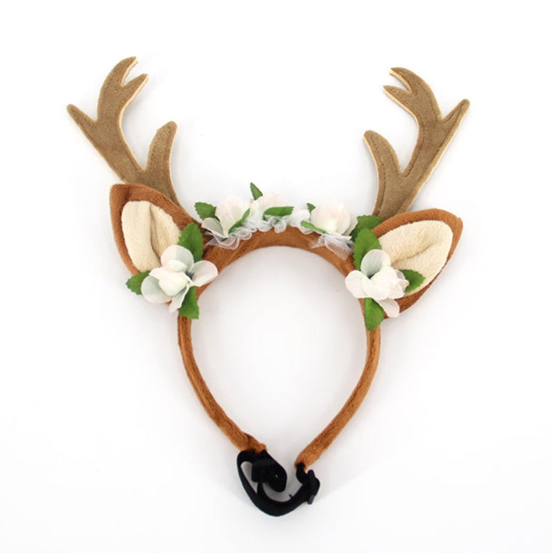 Hillento Dog Elk Antler Reindeer Hat Cap Dog Cat Pet with Flowers Christmas Reindeer Antlers Ears Wearable for Small/Medium/Large Dogs, M M(for medium dog) Brown - PawsPlanet Australia