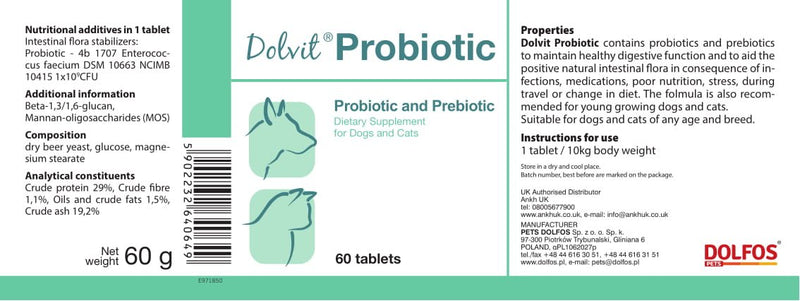 PETS Dolfos Dolvit Probiotic and Prebiotic Digestion Aid for Dogs and Cats 60 tablets Enriched with Beta Glucan for Immune Support - PawsPlanet Australia