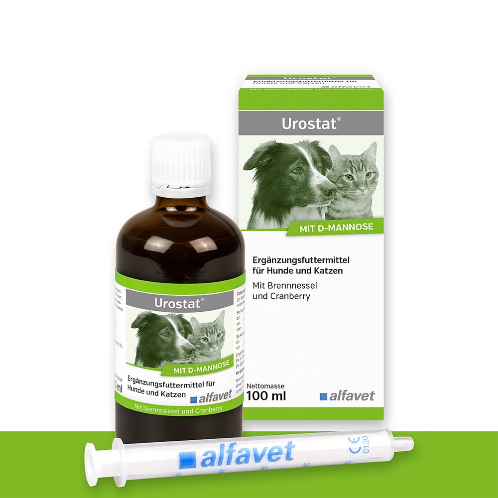 alvafet Urostat supplementary feed to reduce urinary stone formation for dogs and cats with nettle and goldenrod, 100ml, dosing syringe - PawsPlanet Australia